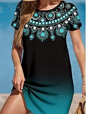 levne Boho šaty-Letní mini šaty pro ženy áčkový střih tričkové šaty volné šaty dovolená neformální dovolená každodenní běžný střih grafický design geometrické krátké rukávy kulatý výstřih modré léto jaro