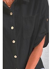 preiswerte Hemden-Damen Hemd Baumwoll-Leinen-Hemden Knopfleiste Bluse Einfach Basic Lässig Kurzarm Hemdkragen Normale Oberteile Ferien Ausgehen Knöpfe Tasche Schwarz Weiß Marineblau Khaki Grau Sommer
