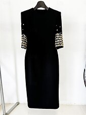 preiswerte Teelänge-Kleid Brautmutter Kleid Elegantes Partykleid Rundhalsausschnitt Knielang Baumwollmischung Halblangarm mit Perlen Midi Kleid