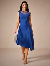 abordables vestidos de fiesta de diseño-Mujer Vestido Midi Vestido de Punto Elegante Fiesta Cita Ajuste regular Color sólido Sin Mangas Cuello Barco Azul Real Verano