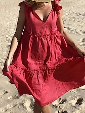 preiswerte Weiße Freizeitkleider-Damen Midikleid Weißes Kleid Casual kleid Sommerkleid Elegant Modern Täglich Sommerkleid Lockere Passform Glatt Einfarbig Ärmellos Tiefes V Schnürkragen Schwarz Weiß Rote Sommer