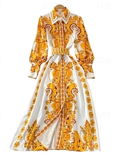 abordables Robes Bohémiennes-Femmes Robe Midi Robe bohème Mode Classique Vacances Sortir Week-end Coupe régulière Fleur manche longue Col de chemise Jaune Été