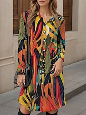 abordables Robe hawaïenne-Femmes Robe Midi Robe T-Shirt Occasionnel Date Coupe Ample Graphique Feuille manche longue Col de chemise Jaune Automne Hiver
