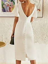 voordelige Kleine witte jurkjes-Verloving Kleine Afstudeerwitte Jurken Bruidsjurken Sheath  Kolom V-Hals Korte Mouwen Thee Lengte Chiffon Bruidsjurken Met Rimpeling Effen Kleur