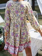 billiga Bohemklänningar-Dam Mini klänning Vardagsklänning Sommarklänning Boho-klänning Mode Utomhus Semester Dagligen Normal Blommig 3/4 ärm V-hals Gul Rodnande Rosa Blå Grön Sommar