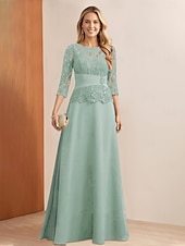 billiga Golvlängd-A-Line Klänning Brudens Mor Klänning Elegant Fest Ädel Halsringning Golvlängd Chiffon Spets 3/4 Längd Ärmar med Spetsapplikationer