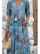 ieftine Rochii casual florale-Pentru femei Rochii Midi Rochie imprimata Modern În aer liber Vacanță Concediu Fit regulat Floare Manșon scurt În V Roșu-aprins Albastru piscină Kaki Roz trandafiriu Vară