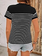 preiswerte Streifen- und geometrisches T-Shirt-Damen T Shirt Gestreift Brautkleider schlicht Kurzarm Rundhalsausschnitt Normale Oberteile Täglich Ausgehen Wochenende Bedruckt Schwarz Weiß Sommer
