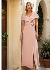 baratos Comprimento do chão-vestido de mãe da noiva em corte A vestido derby elegante com fenda alta ombros de fora comprimento até o chão crepe sem mangas com flor franzida 2025