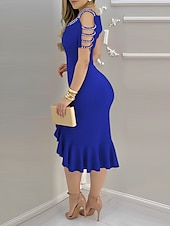 abordables Robes moulantes de soirée-Femmes Robe Midi Moulant Élégant Formel Date Coupe régulière Couleur Unie Manche Courte Col en U Noir Rouge Bleu Fuchsia Été