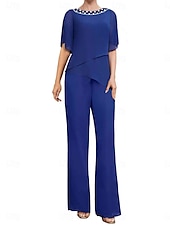 cheap Mom&#039;s Pant Suits-Pantsuit Mother of the Bride Dress Wedding Guest Elegant Simple Square Neck Floor Length Polyester Short Sleeve with Solid Color