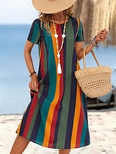preiswerte Streifen- und geometrisches Kleid-Damen Mini Kleid T-Shirt Kleid Tee Kleid Sommerkleid Freizeit Täglich Regulärer Fit Grafisch Gestreift Kurzarm Rundhalsausschnitt Orange Sommer Frühling