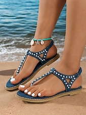 billiga Semester Sandaler-damsandaler i denim strass med t-remmar – platta sommarsandaler för lediga sommaren för strand, semester och vardagsbruk