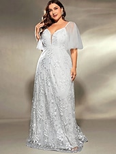 voordelige Onder 129,99 $-Plus Size Jurk Moeder van de Bruid Curve Jurk Elegant V Hals Vloerlengte Polyester Korte Mouw met Kant