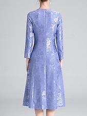 cheap Tea Length-A-Line Dress Mother of the Bride Beaded Dress Elegant Vintage Simple V Neck Tea Length Jacquard Long Sleeve with Flower Wedding Guest Dress