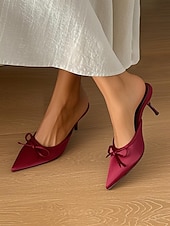 abordables talons kitten-Escarpins à talons aiguilles en satin bordeaux pour femme – mules à bout pointu avec nœud pour des rendez-vous chics et des tenues quotidiennes