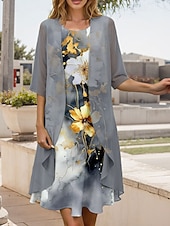 cheap Floral Dress-Women&#039;s Graduation Midi Dress 2 Pieces Dress Set A Line Dress Summer Dress Vacation Casual Floral Graphic Pleated Print Half Sleeve Crew Neck Vacation Daily Gray Spring Fall Regular Fit