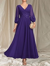 abordables Longueur du thé-Robe Mère de la Mariée A-Line Invité de Mariage Élégante Col en V Mi-Longue en Chiffon À Manches Longues avec Perles Appliques Robe Midi 2025
