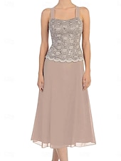 abordables Moins de 129,99 $-Ensembles de Robes Robe de Mère de Mariée  Élégant Simple Une Épaule Longueur thé Polyester manche longue avec Dentelle Couleur Unie 2025