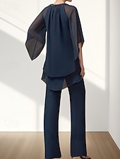 abordables Longueur du plancher-Ensemble Deux Pièces Combinaison Robe de Mère de la Mariée Invité de Mariage Élégante Col Montant Longueur de Sol Crêpe Manches 3/4 Avec Ruchés Perles 2025