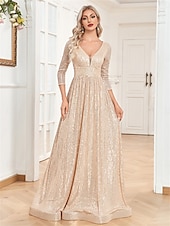 billiga Aftonklänningar-A-linjade Quinceanera Klänningar Elegant Klänning Bröllop Bröllop Gäst Golvlång 3/4 Lång Ärm V-hals Bomull med Strass