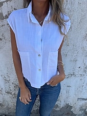 baratos Camisas-Camisola Feminina de Linho e Algodão Top Sem Mangas Cor Sólida Básica Casual Manga Curta Gola Redonda Ajuste Regular Diária Botões Bolsos Branco Azul Marinho Damasco Azul Claro Verão
