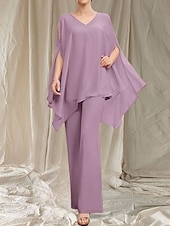 baratos Comprimento do chão-Macacão  Vestido de Calça Mãe da Noiva Vestido Convidada de Casamento Elegante Decote em V Comprimento do Chão Chiffon Manga Longa com Aplicações
