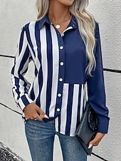billige Kvinne Striper &amp; Geometriske Topper-Dame Skjorte Grafisk Stripet Fritid Langermet Skjortekrage Vanlige topper Arbeid Daglig Ut på byen Knapper Trykt mønster Blå Sommer Vår Høst