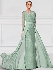 preiswerte Bodenlänge-Kleid  Säulen-Kleid Brautmutter Kleid Elegantes Bateau-Ausschnitt Bodenlang Chiffon Spitze Lange Ärmel mit Spitze Einfarbig