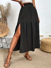 abordables Jupes unies-Femmes Jupe Évasé Mode Occasionnel Maxi Taille haute Jupes Couleur Unie A Volants Fendu Micro-Élastique Décontracté Quotidien Week-end Noir Bleu Vert Été Polyester