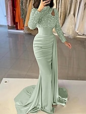 preiswerte BLAU-Meerjungfrau Abendkleid Pailletten Elegantes Kleid Formal Sweep  Brush Zug Lange Ärmel Hoher Hals Satin mit Perlen Maskeradenkleid 2025