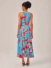 economico Abiti eleganti floreali-abito lungo in chiffon con volant floreale