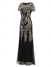 cheap Under $129.99-Dress Mother of the Bride Dress Party Black Dress Sparkle &amp; Shine Crew Neck Floor Length Polyester Short Sleeve with Sequin