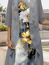 cheap Floral Dress-Women&#039;s Graduation Midi Dress 2 Pieces Dress Set A Line Dress Summer Dress Vacation Casual Floral Graphic Pleated Print Half Sleeve Crew Neck Vacation Daily Gray Spring Fall Regular Fit