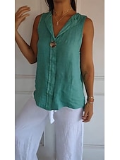 cheap Shirts-Women&#039;s Cotton Linen Shirt Blouse Solid Color Elegant Casual Sleeveless V Neck Regular Tops Daily Holiday Buttons White Navy Blue Green Khaki Summer Spring