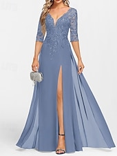 preiswerte Bodenlänge-A-Linie Brautmutterkleid Hochzeitsgast Elegant V Ausschnitt Bodenlang Chiffon Halbarm mit Applikationen Geteilter Vorderteil 2025