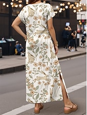 cheap Easter Dresses-Women&#039;s Maxi Dress A Line Dress Summer Dress Casual Vacation Daily Regular Fit Floral Graphic Animal Short Sleeve V Neck Light Yellow Spring Fall
