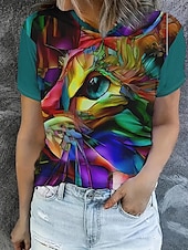 levne trička-Dámské Tričko Letní vrcholy Barevné bloky Kočka Klasické Na běžné nošení Krátký rukáv Tričkový Crop Tops Denní Víkend Tisk Duhová Léto Jaro Podzim