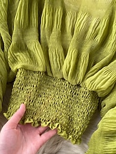 billiga Dressiga toppar-Dam Blus Chiffong toppar Slät Stylish Långärmad Puffärm V-hals Crop Tops Helgdag Utekväll Rynkad Svart Vit Purpur Grön Vår