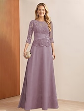 billiga Golvlängd-A-Line Klänning Brudens Mor Klänning Elegant Fest Ädel Halsringning Golvlängd Chiffon Spets 3/4 Längd Ärmar med Spetsapplikationer