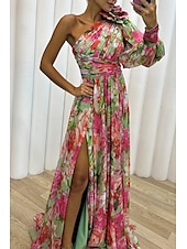 cheap Elegant Floral Dresses-Women&#039;s Long Dress Maxi Dress Prom Dress Party Dress Print Dress Elegant Fashion Party Special Occasion Regular Fit Flower Long Sleeve One Shoulder Yellow Purple Green Summer