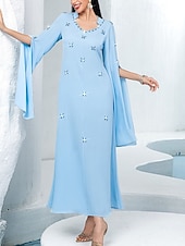 preiswerte Unter 129,99 $-Blaue Glitzer Mutter der Braut Kleid Elegantes Hochzeitsgastkleid V-Ausschnitt Maxi-Länge Chiffon Lange Ärmel mit Kristallen