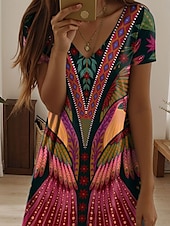 billiga Boho klänningar-Kvinnors Mini Klänning A-linje Klänning T-shirt Klänning Tee Klänning Avslappnad Semester Daglig Regular Fit Grafisk Löv Paisley Korta Ärmar V-hals Mörkröd Sommar Vår