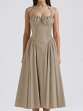 cheap Dresses-Retro Vintage Medieval Renaissance Midi Dress Flare Dress Ren Faire Halter Regency Inspired Floral Women&#039;s Masquerade Wedding Vacation Casual Daily Adults&#039; Dress Summer