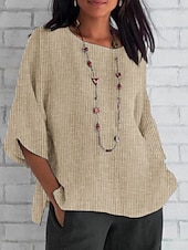 お買い得  エッセンシャルフェイクシャツ-女性用 コットンリネンシャツ 夏のトップス ブラウス フェイクコットンリネン 日常 カジュアル 七分袖 クルーネック レギュラートップス ブラック スカイブルー オレンジ アプリコット 夏 春 秋