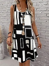 preiswerte Streifen- und geometrische Kleider-Damen Mini Kleid A-Linien Kleid Sommer Kleid Schulterfreies Kleid Urlaub Lässig Täglich Lockere Passform Grafik Geometrisch Ärmellos U-Ausschnitt Schwarz Sommer