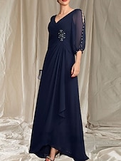 economico Lunghezza del pavimento-Linea ad A Abito da cerimonia per signora Ospite di nozze Elegante Scollo a V Lunghezza al pavimento Chiffon Manica 3/4 con Perline Arricciatura 2025