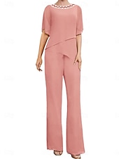 cheap Mom&#039;s Pant Suits-Pantsuit Mother of the Bride Dress Wedding Guest Elegant Simple Square Neck Floor Length Polyester Short Sleeve with Solid Color