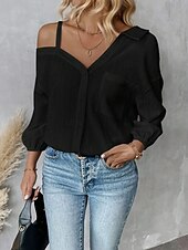 preiswerte Damen Einfache Oberteile-Damen Hemd Einfarbig Stilvoll Lässig Langarm Hemdkragen Normale Oberteile Täglich Knöpfe Tasche Schwarz Weiß Grün Aprikose Sommer