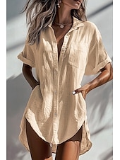 economico Camicie-Per donna Camicia Camicie ispirate al lino Abbottonare Blusa Semplice Essenziale Moderno Manica Corta Colletto a Camicia Top lunghi Ferie Uscire Bottoni Tasca Asimmetrico Nero Bianco Albicocca Estate